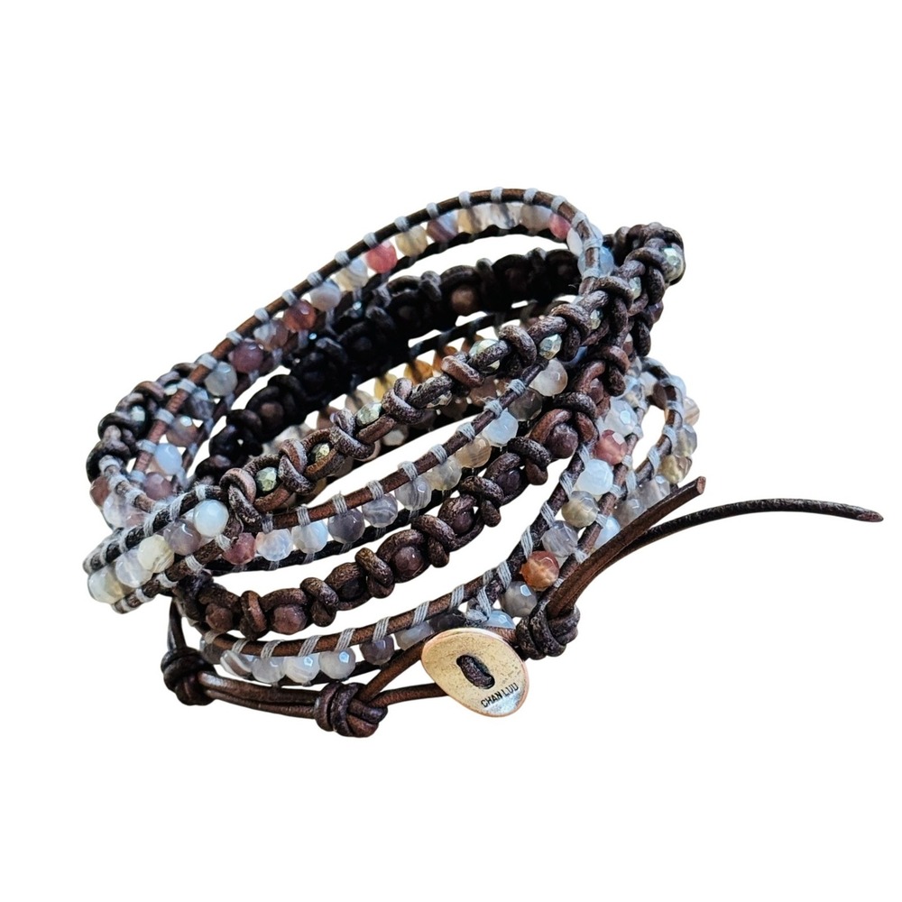 Chan Luu CL 5 Wrap Bracelet Silver Beaded Jasper Agate Pyrite Sterling 925 35"